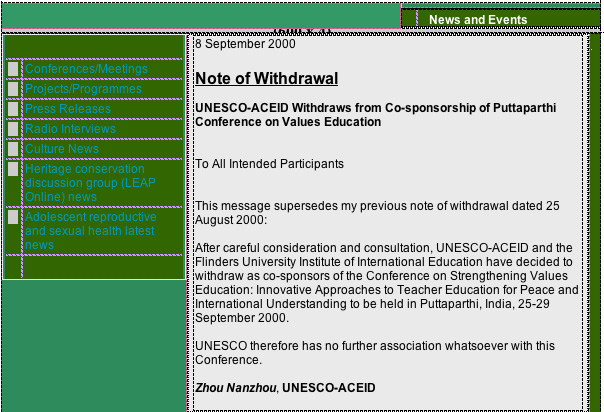 UNESCO Note of Withdrawal from Sathya Sai Baba Eductional Conference